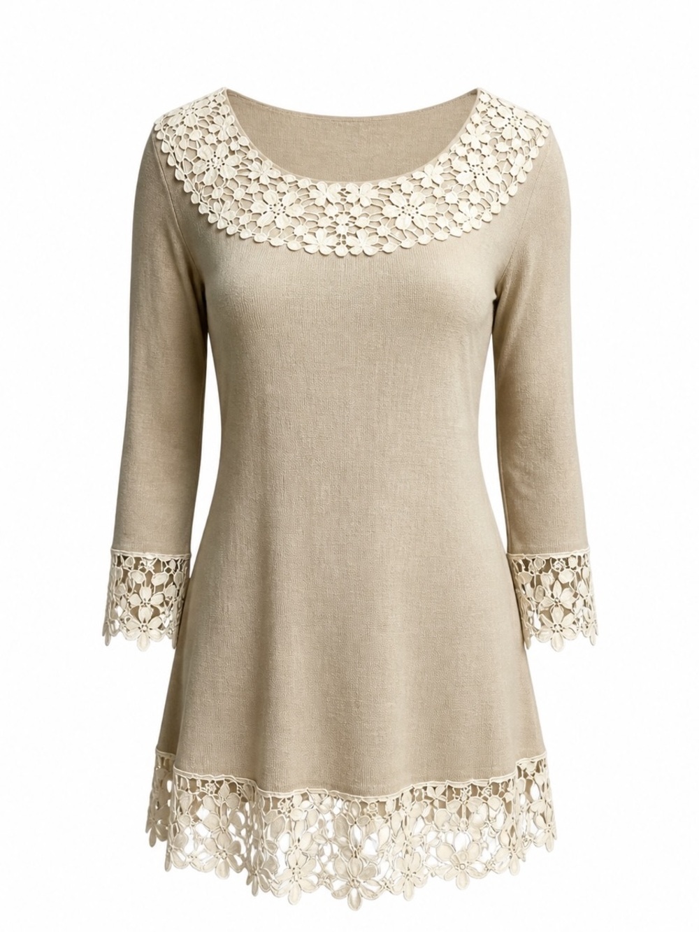 Cal Style Beige and Ivory Lace Trim Tunic Top Size Large Boho Crochet
